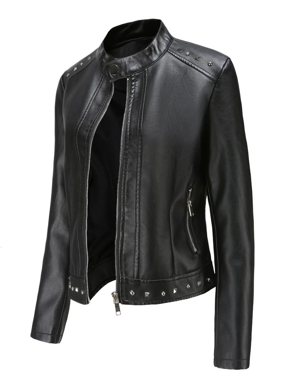 1940er Solide Nietenbesetzter Stehkragen Leder Jacke - Image 2