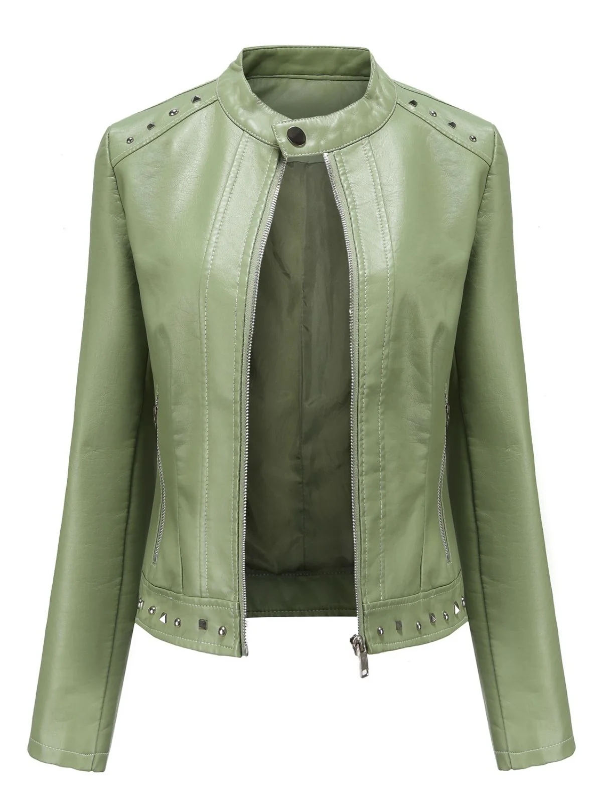1940er Solide Nietenbesetzter Stehkragen Leder Jacke - Image 7