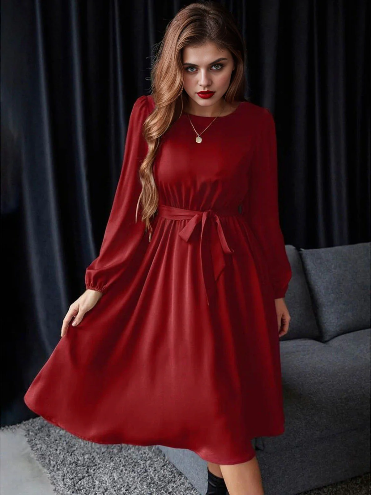 1940er Solide Schnürung Lange Ärmel Kleid - Image 3