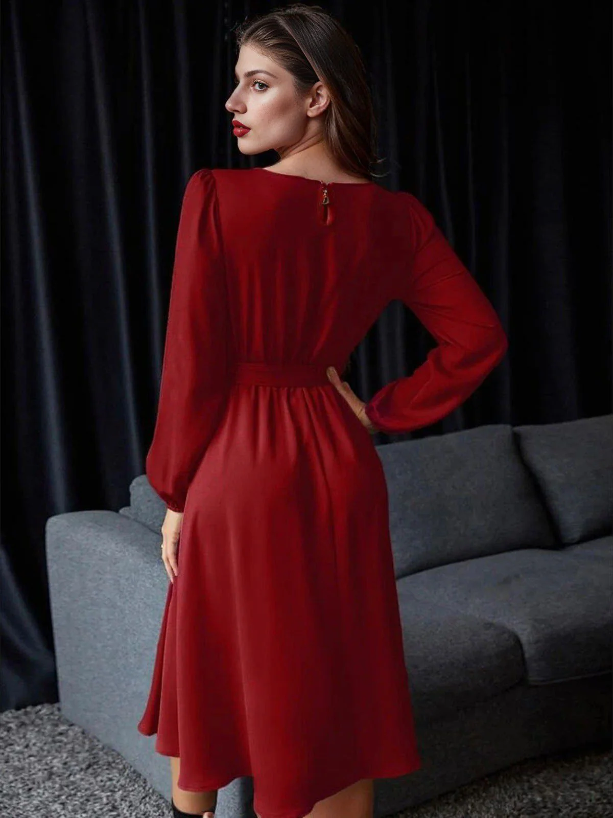 1940er Solide Schnürung Lange Ärmel Kleid - Image 4