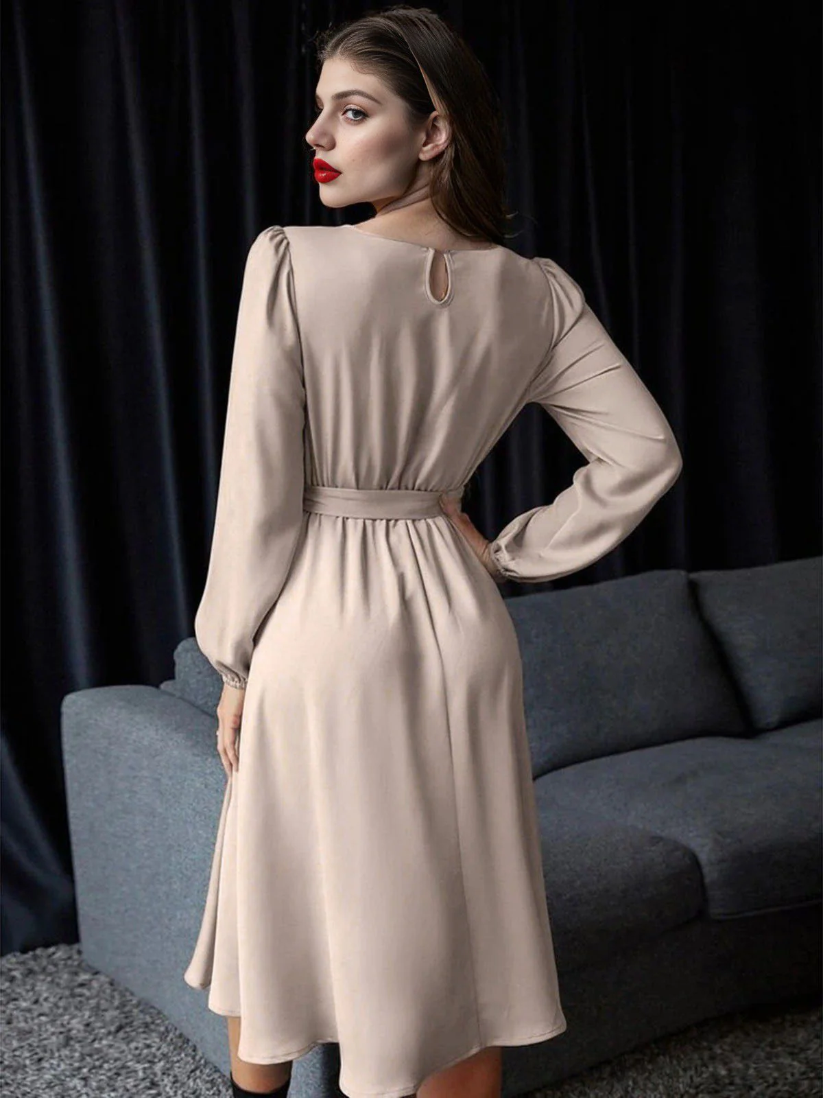 1940er Solide Schnürung Lange Ärmel Kleid - Image 5