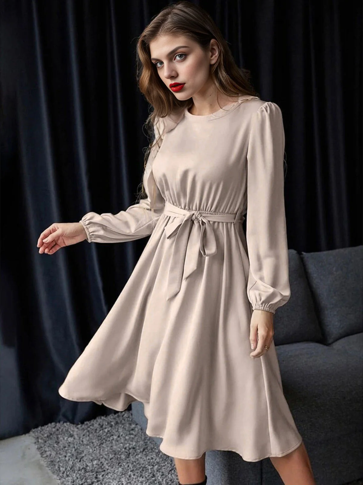 1940er Solide Schnürung Lange Ärmel Kleid - Image 6