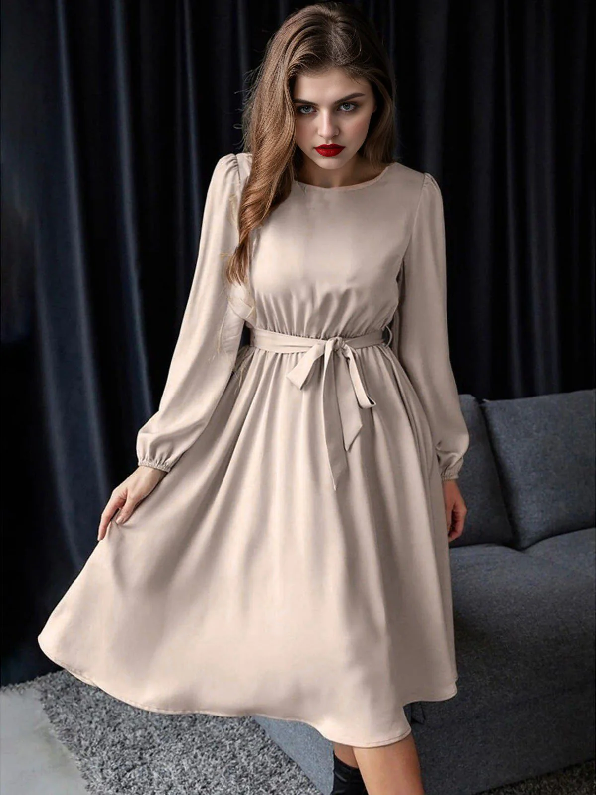 1940er Solide Schnürung Lange Ärmel Kleid - Image 8