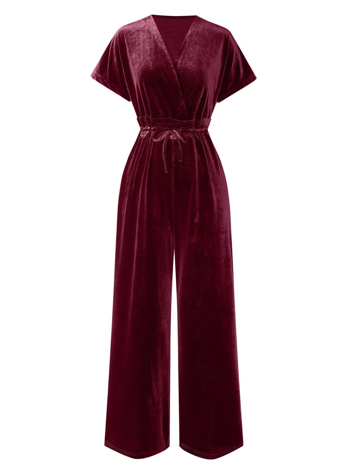 1940er Solide Taillengürtel V-Ausschnitt Samt Jumpsuit - Image 2