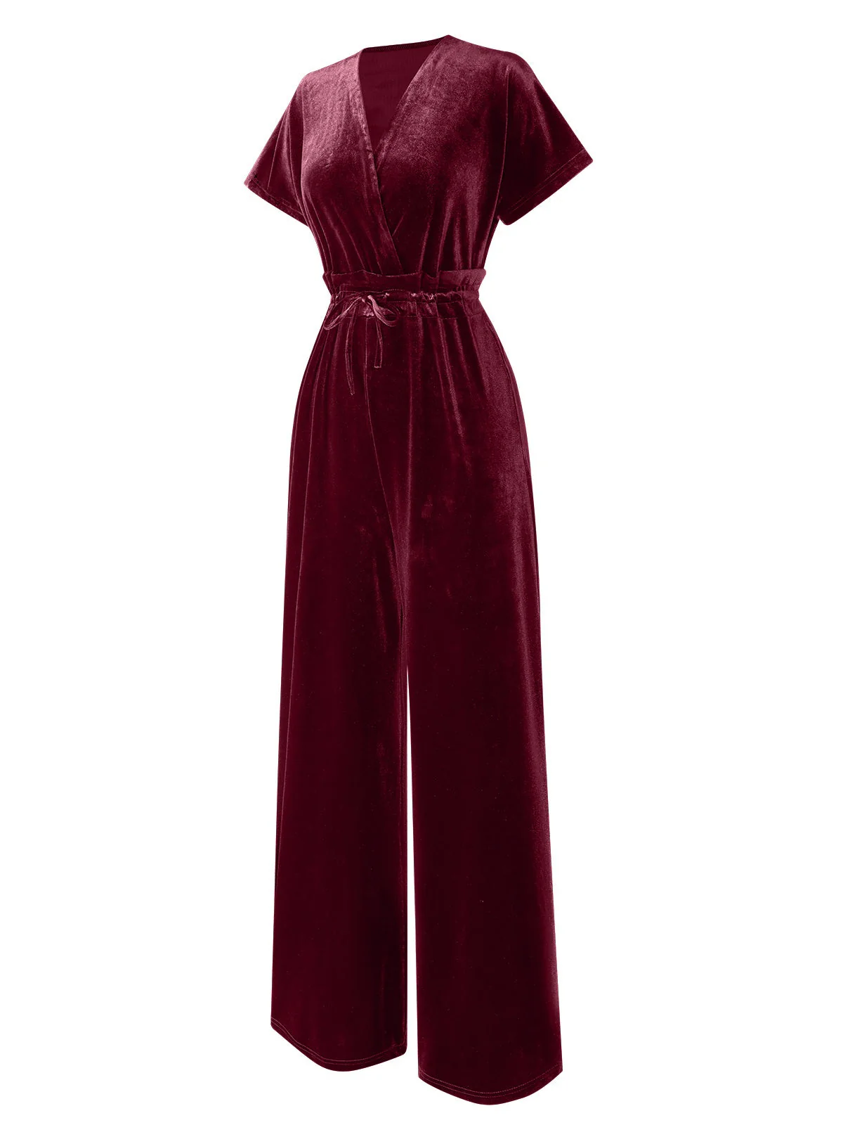 1940er Solide Taillengürtel V-Ausschnitt Samt Jumpsuit - Image 4
