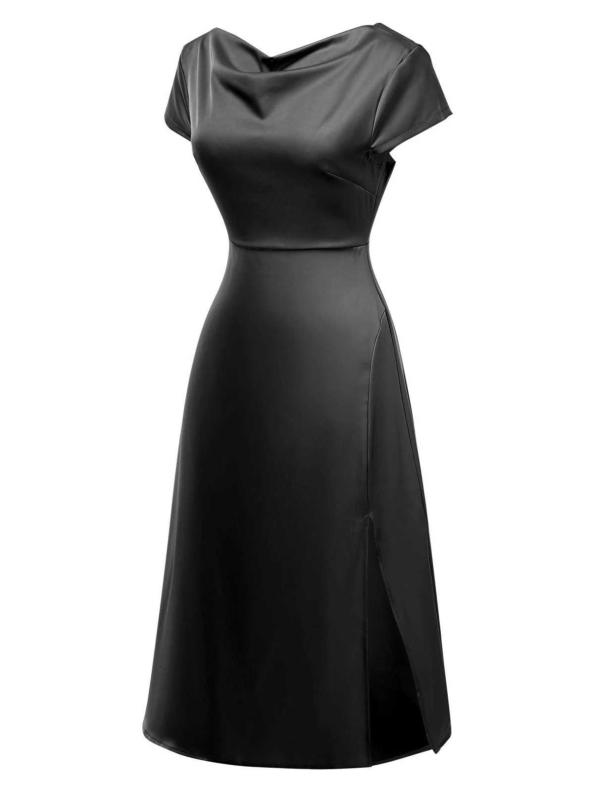 1940er Solide Wasserfallausschnitt Satin Zurück-Hohl Kleid - Image 5