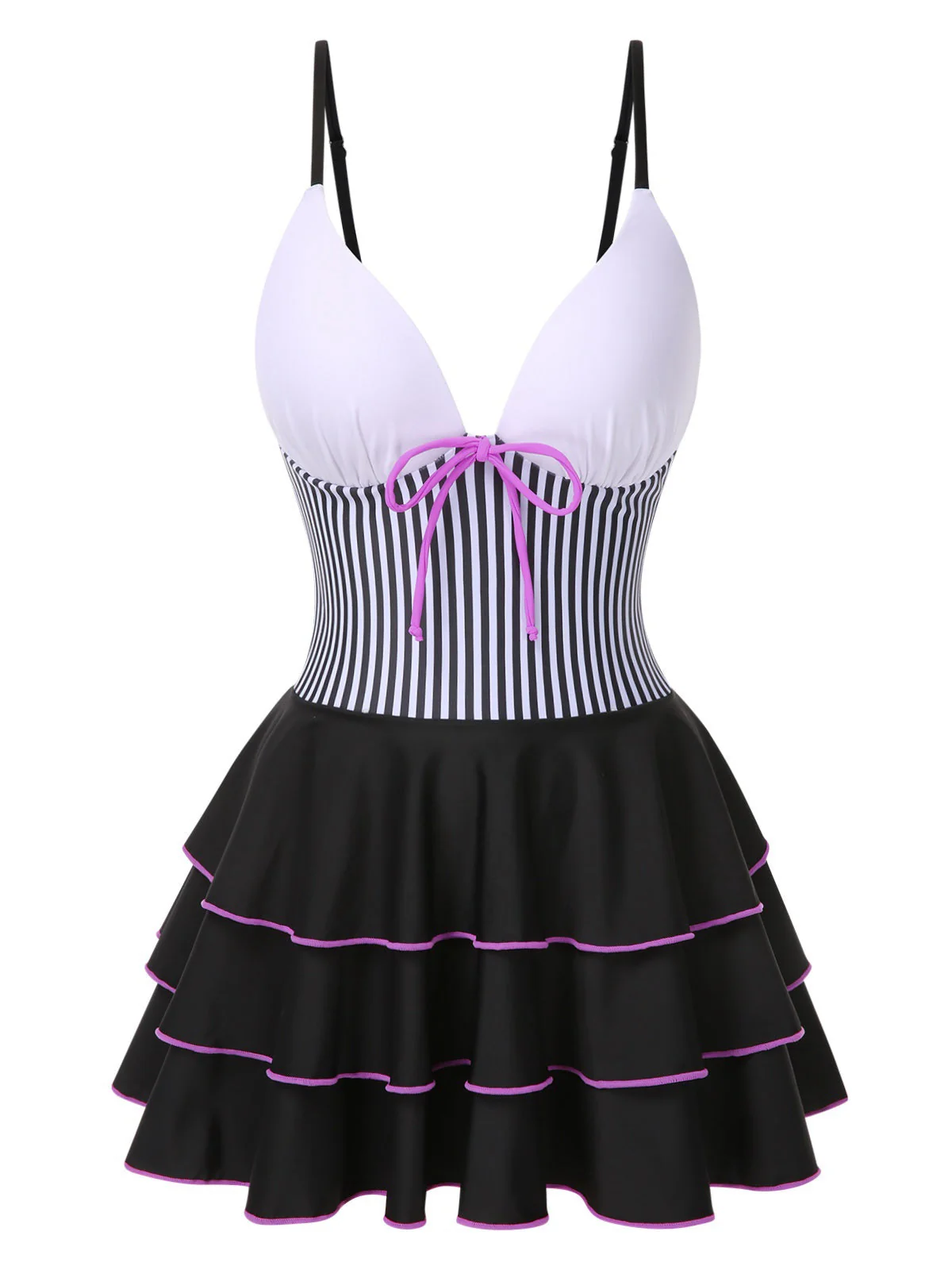 1940er Streifen Patchwork Mehrlagiger Saum Swim Kleid
