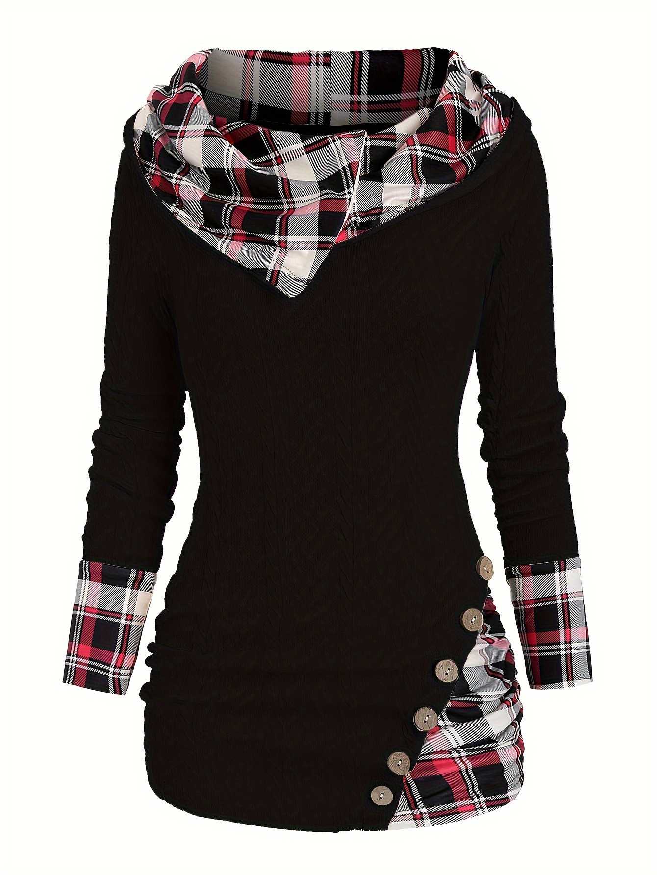 1940er Stricken Plaid Tasten Hooded Pullover - Image 2