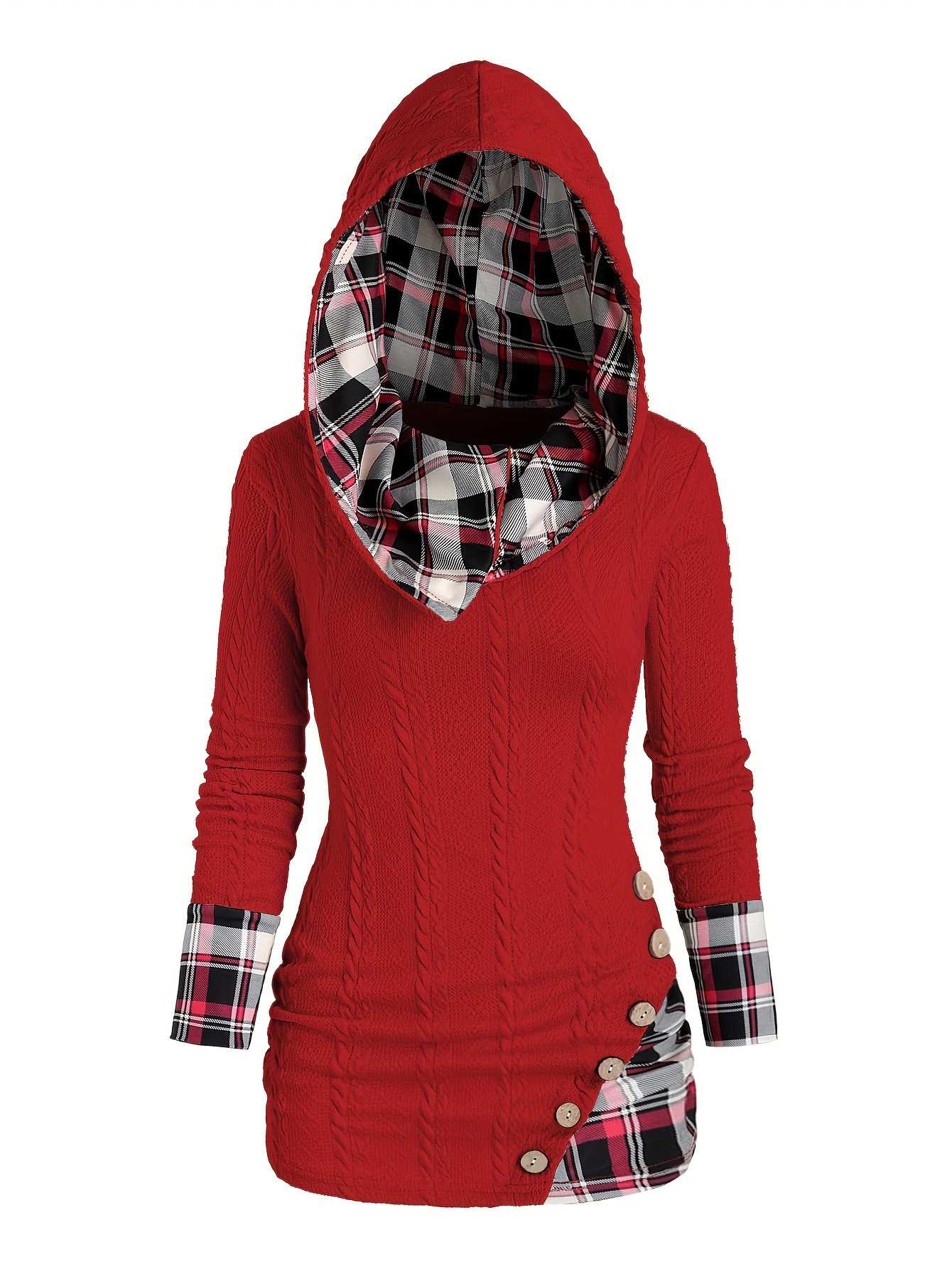 1940er Stricken Plaid Tasten Hooded Pullover - Image 3