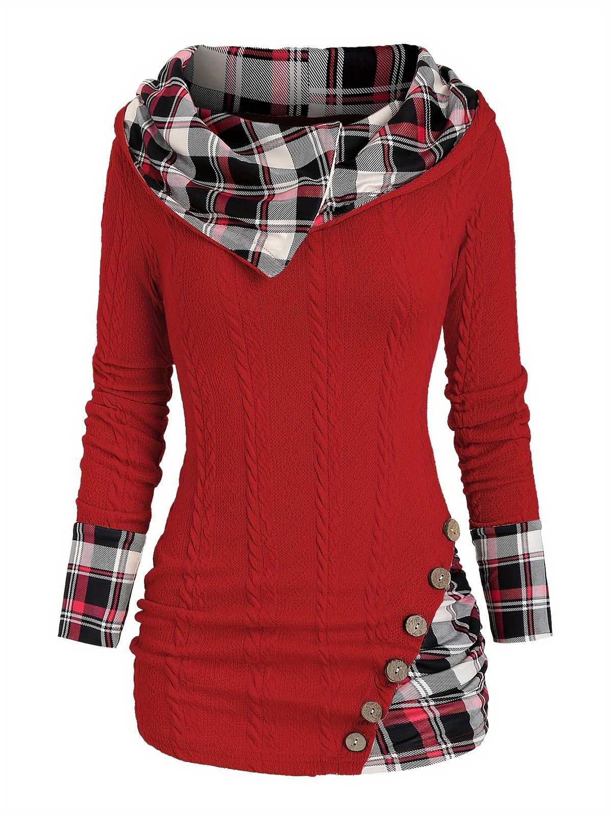 1940er Stricken Plaid Tasten Hooded Pullover - Image 4