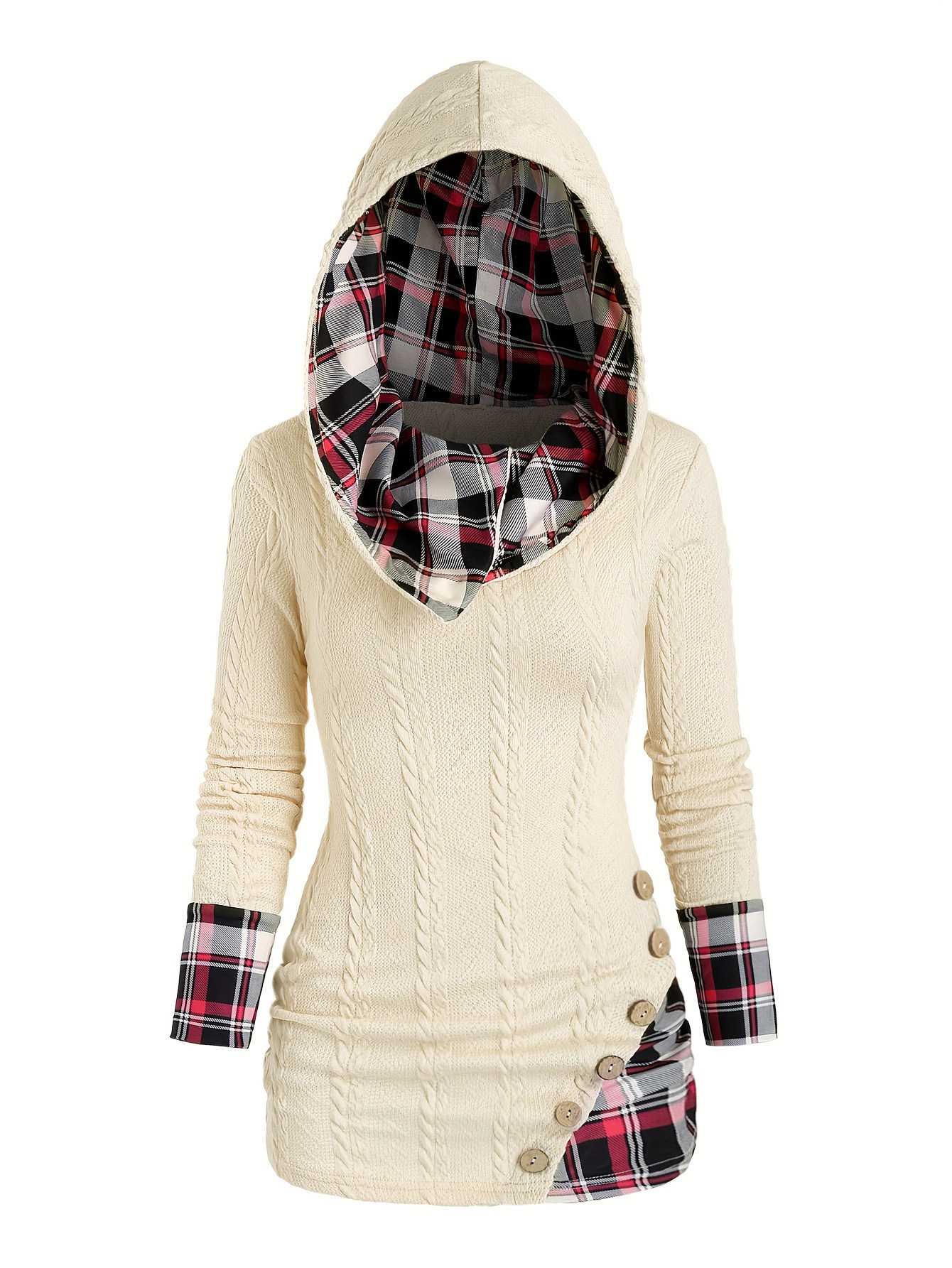 1940er Stricken Plaid Tasten Hooded Pullover - Image 6