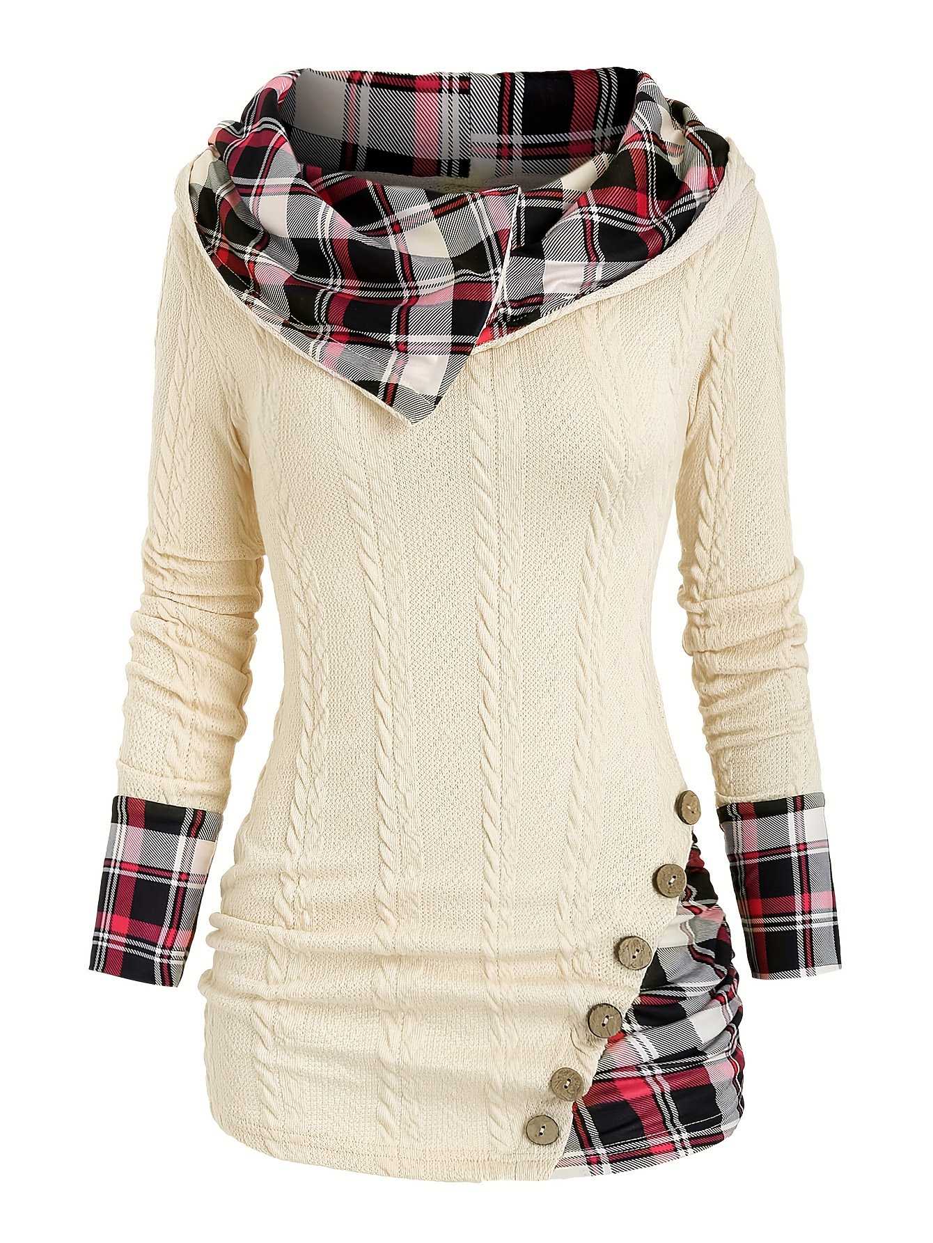 1940er Stricken Plaid Tasten Hooded Pullover - Image 7