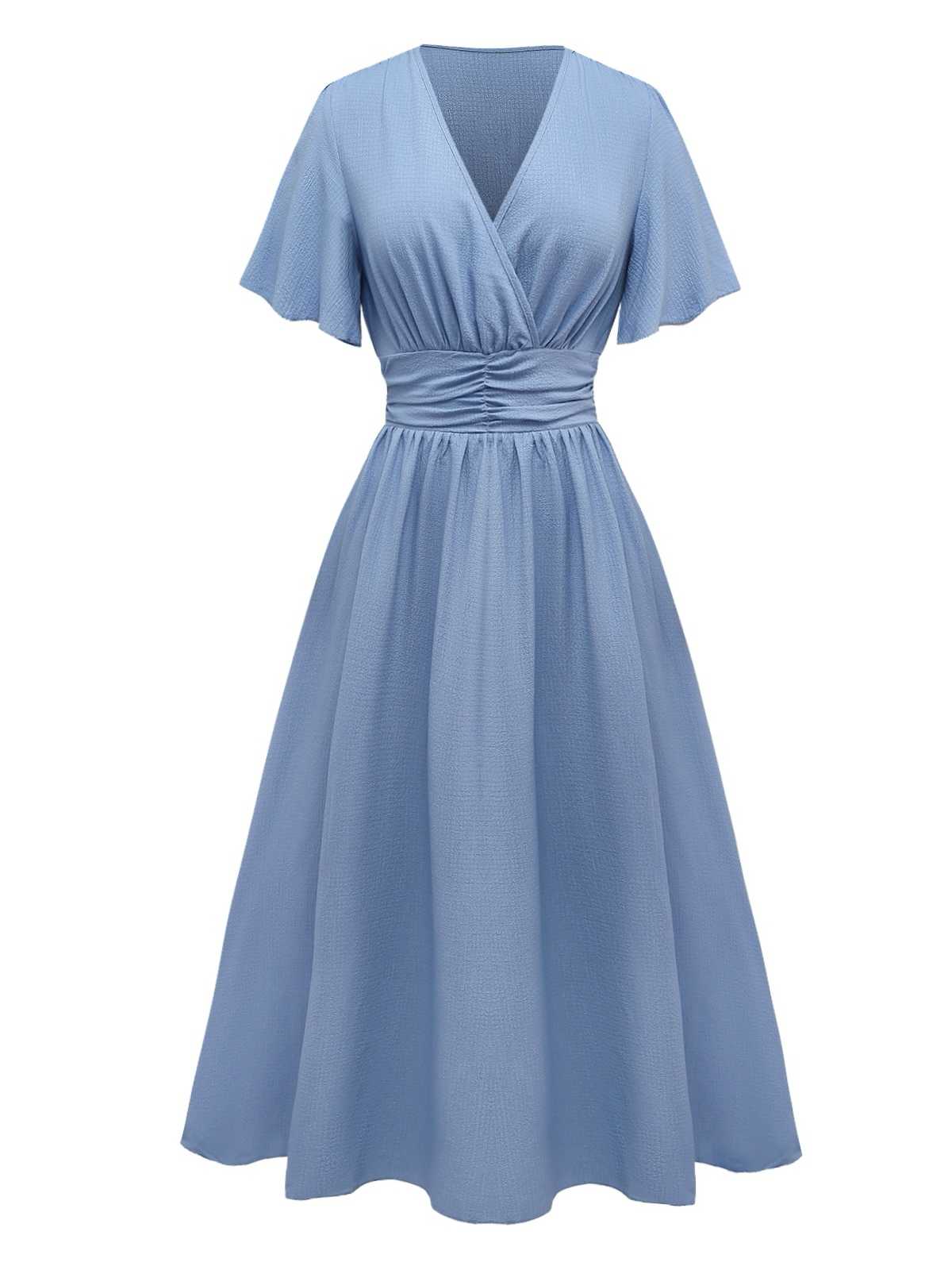 1940er V-Ausschnitt Rüschenärmel Schlitz Kleid