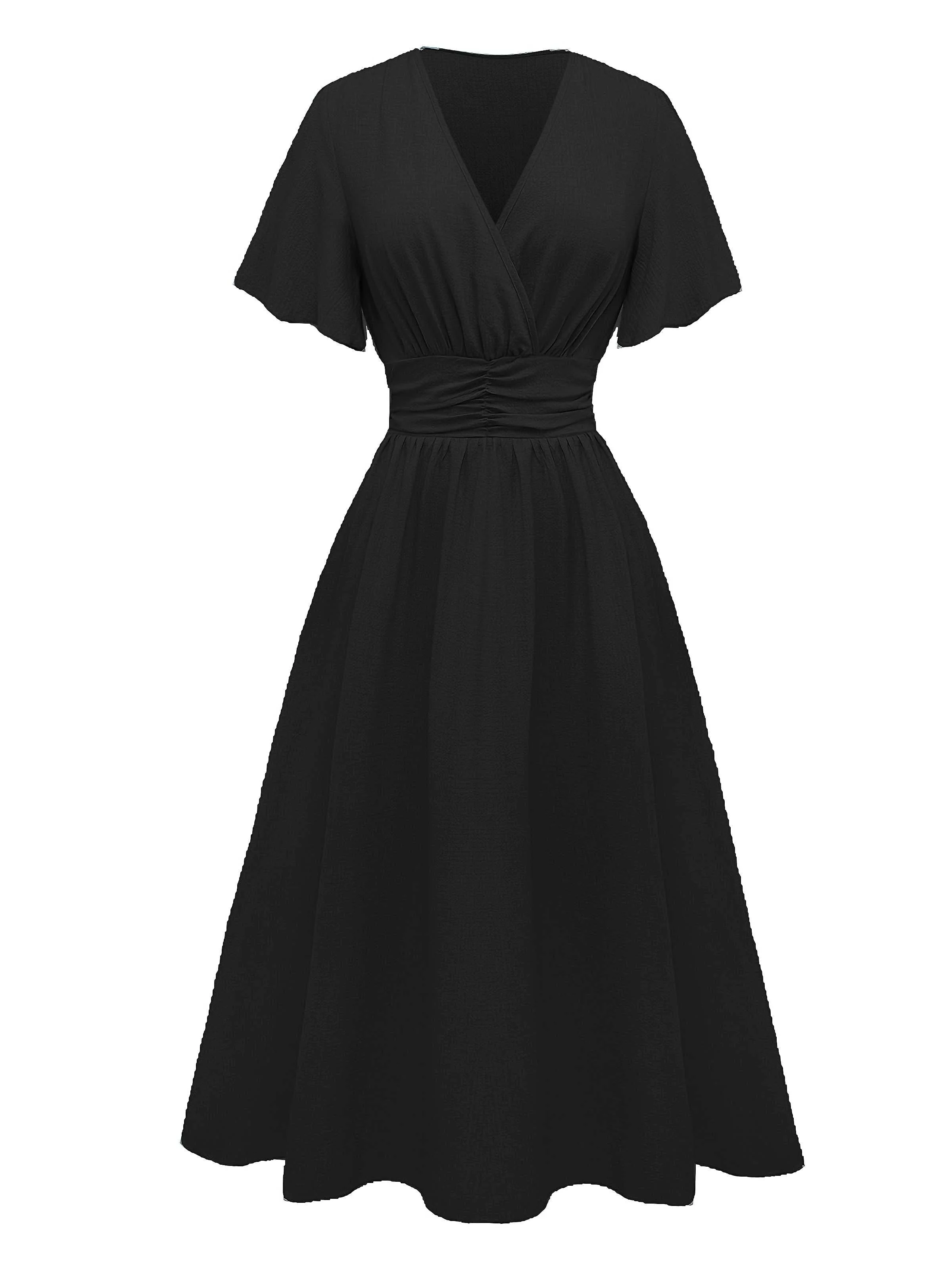 1940er V-Ausschnitt Rüschenärmel Schlitz Kleid - Image 7