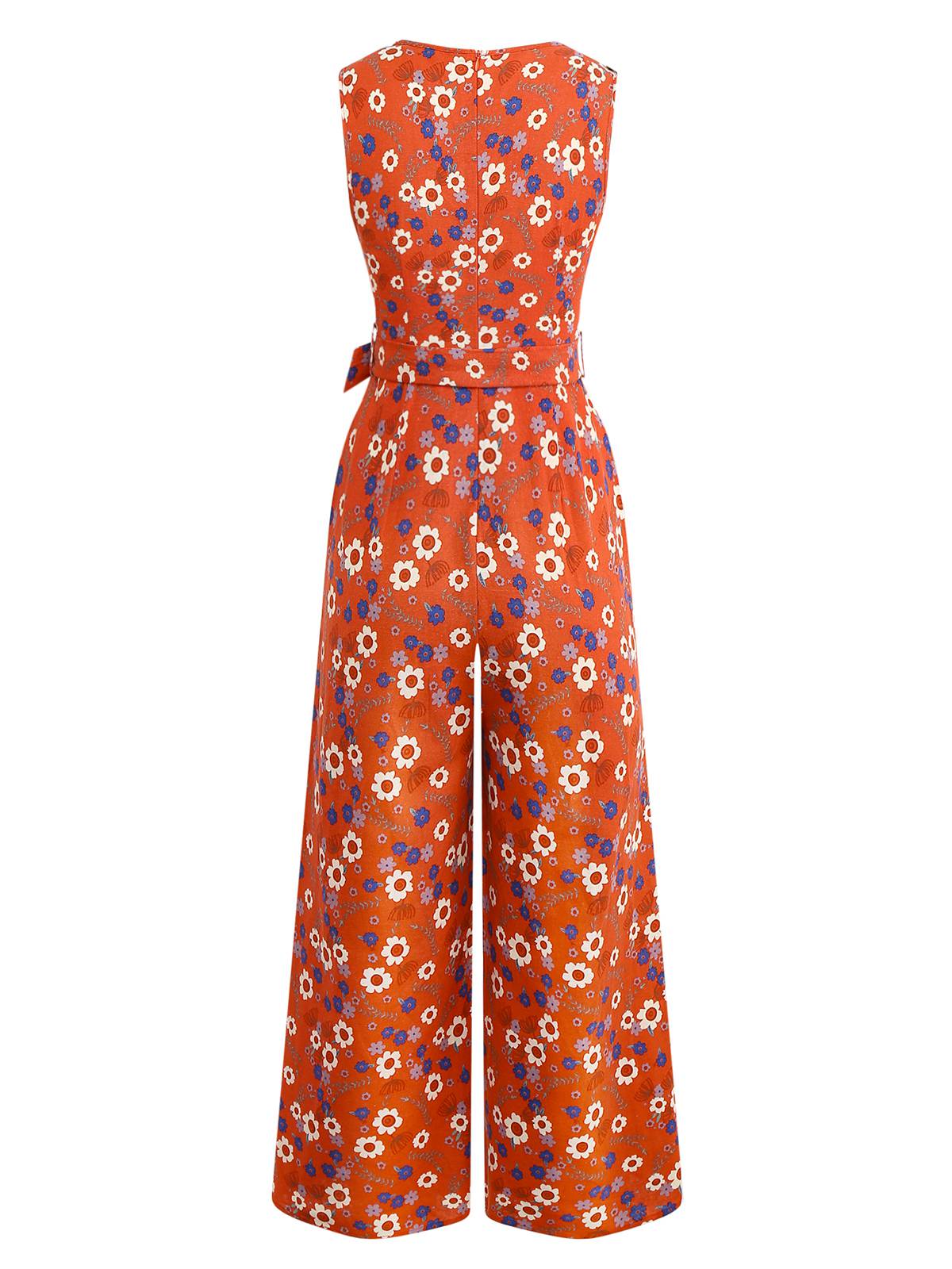 1950er Baumwolle Ärmellos Überall Blumen Gürtel Jumpsuit - Image 2