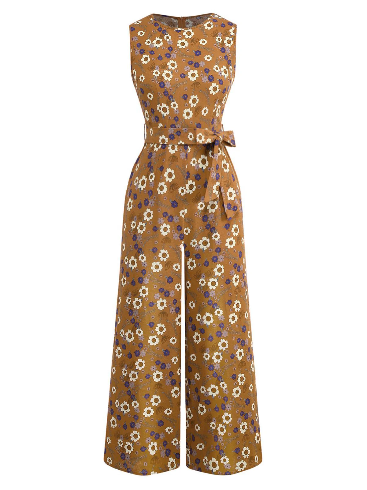 1950er Baumwolle Ärmellos Überall Blumen Gürtel Jumpsuit - Image 5