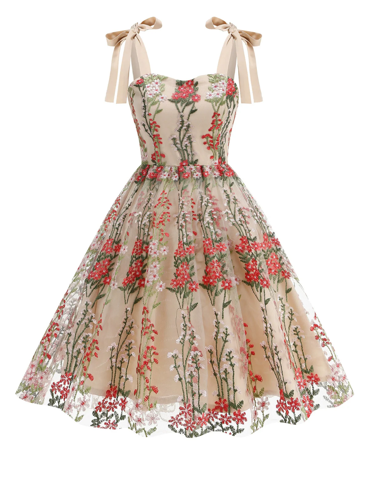 1950er Bestickt Netz Schnürung Herzförmiger Hals Kleid - Image 4