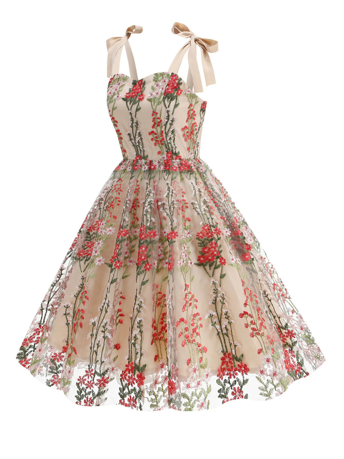 1950er Bestickt Netz Schnürung Herzförmiger Hals Kleid - Image 5