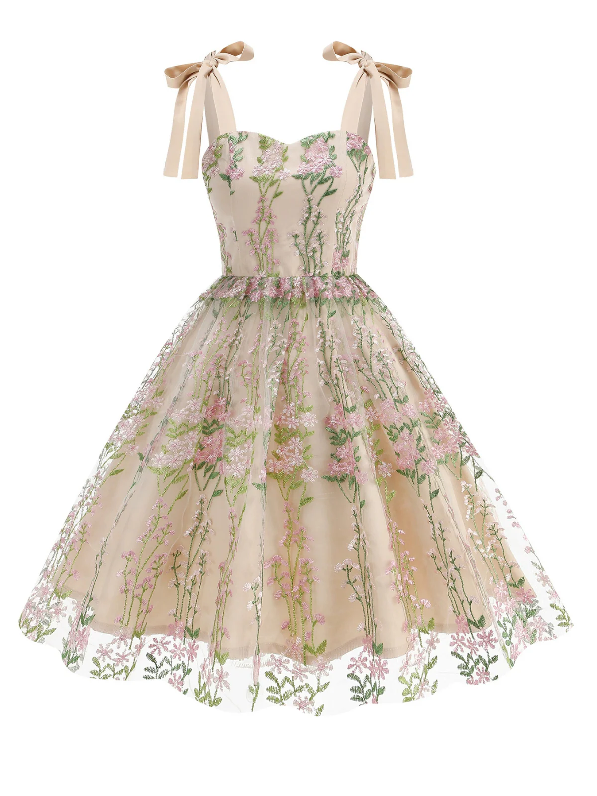 1950er Bestickt Netz Schnürung Herzförmiger Hals Kleid - Image 8