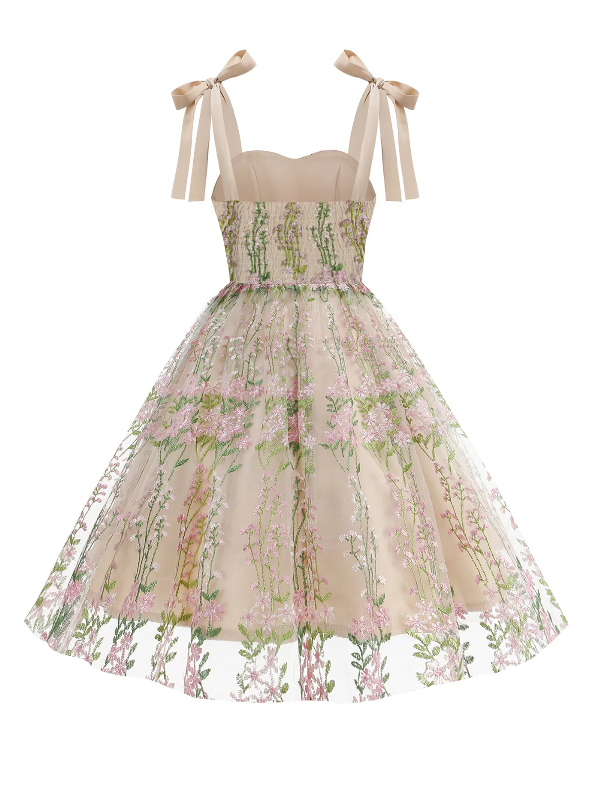 1950er Bestickt Netz Schnürung Herzförmiger Hals Kleid - Image 9