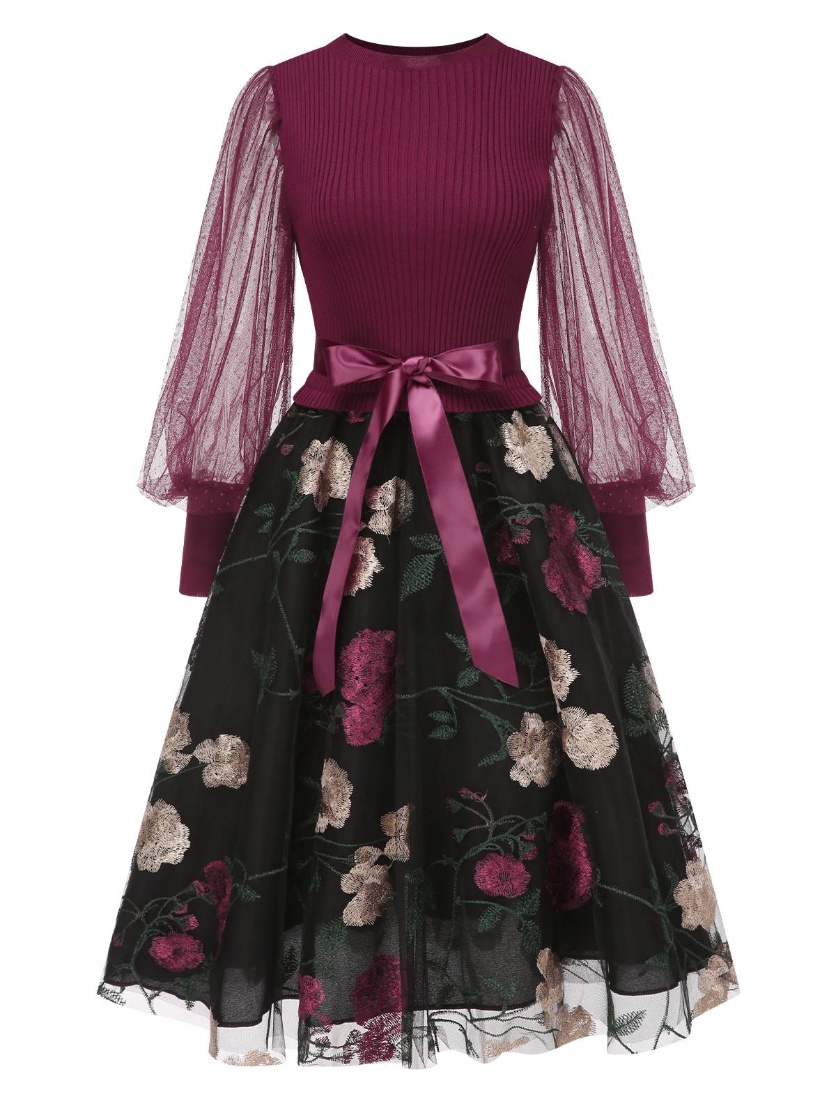 1950er Besticktes Blumen Netz Patchwork Kleid - Image 2