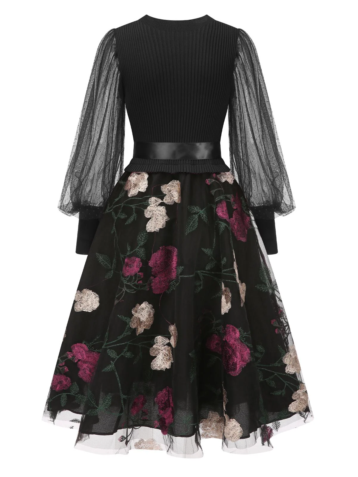1950er Besticktes Blumen Netz Patchwork Kleid - Image 5