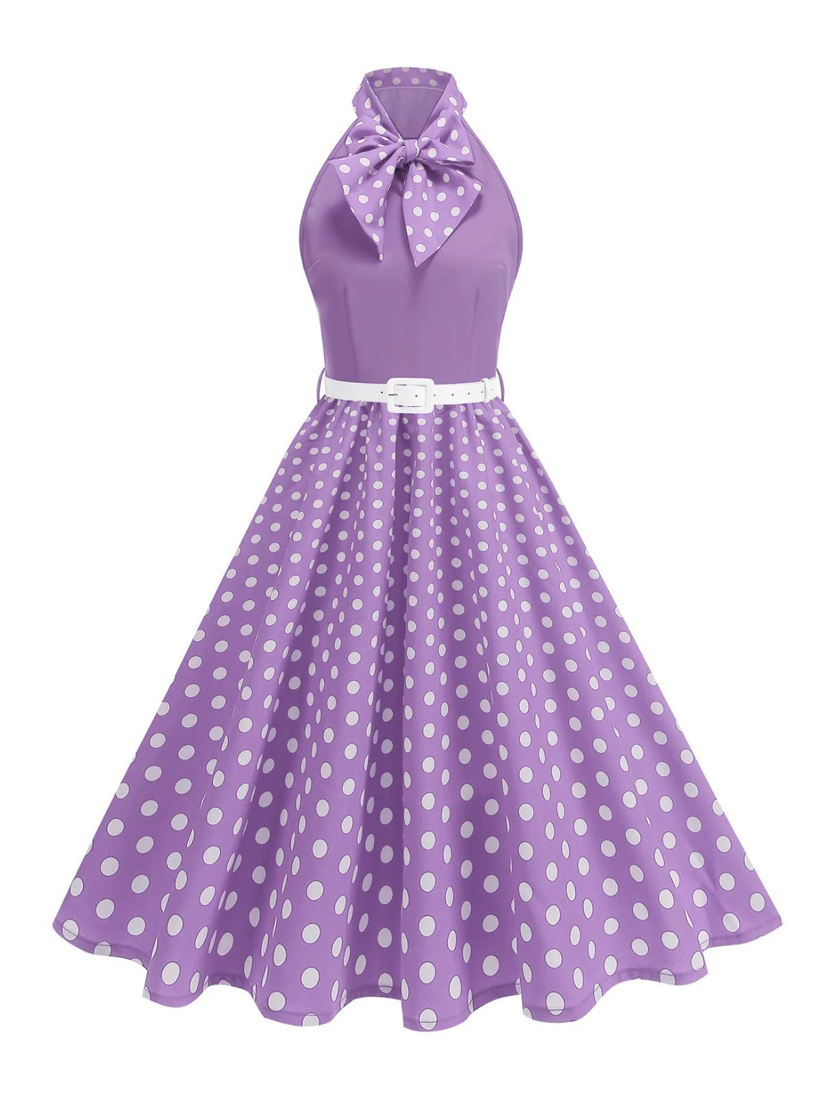 1950er Bogen Binde-Hals Polka Punkte Gürtel Kleid - Image 10