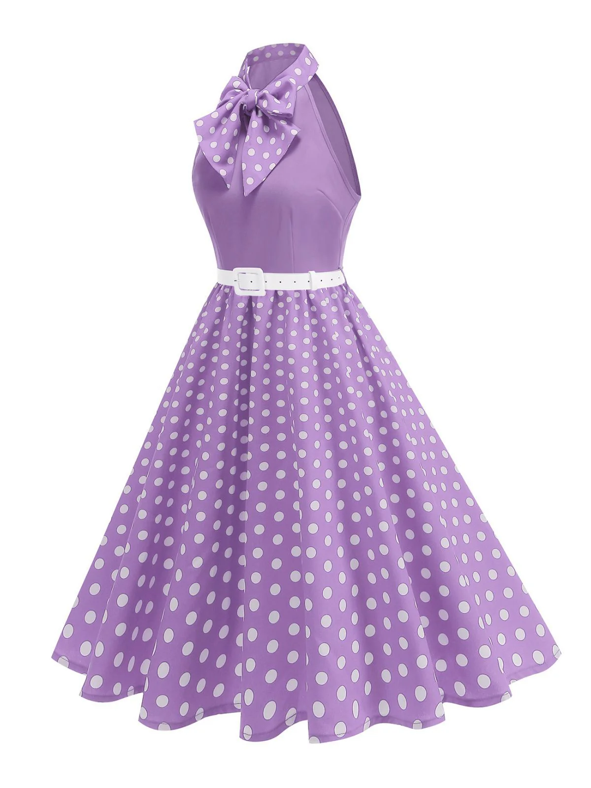 1950er Bogen Binde-Hals Polka Punkte Gürtel Kleid - Image 11