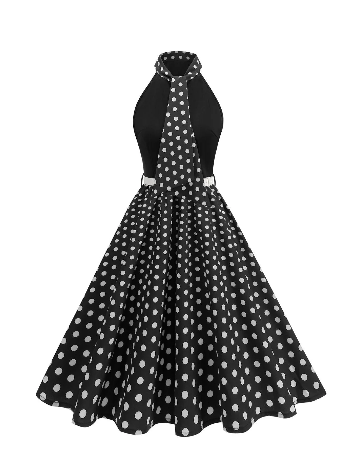 1950er Bogen Binde-Hals Polka Punkte Gürtel Kleid - Image 13