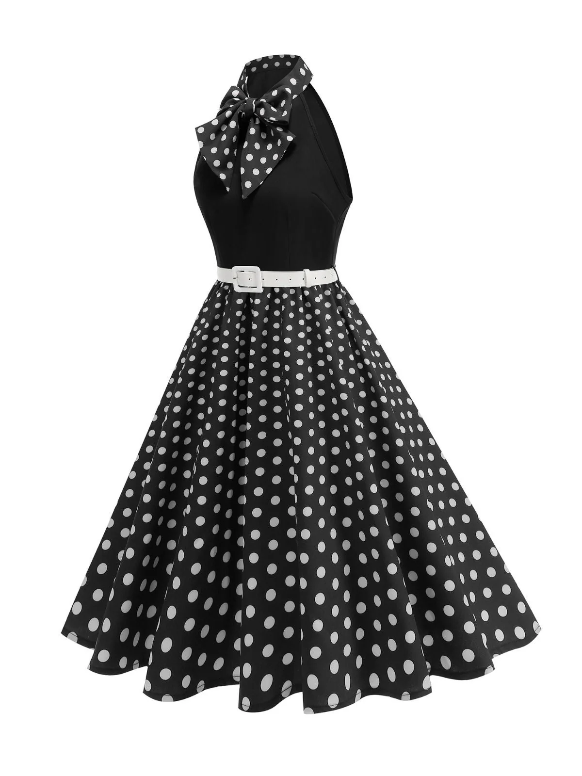 1950er Bogen Binde-Hals Polka Punkte Gürtel Kleid - Image 14