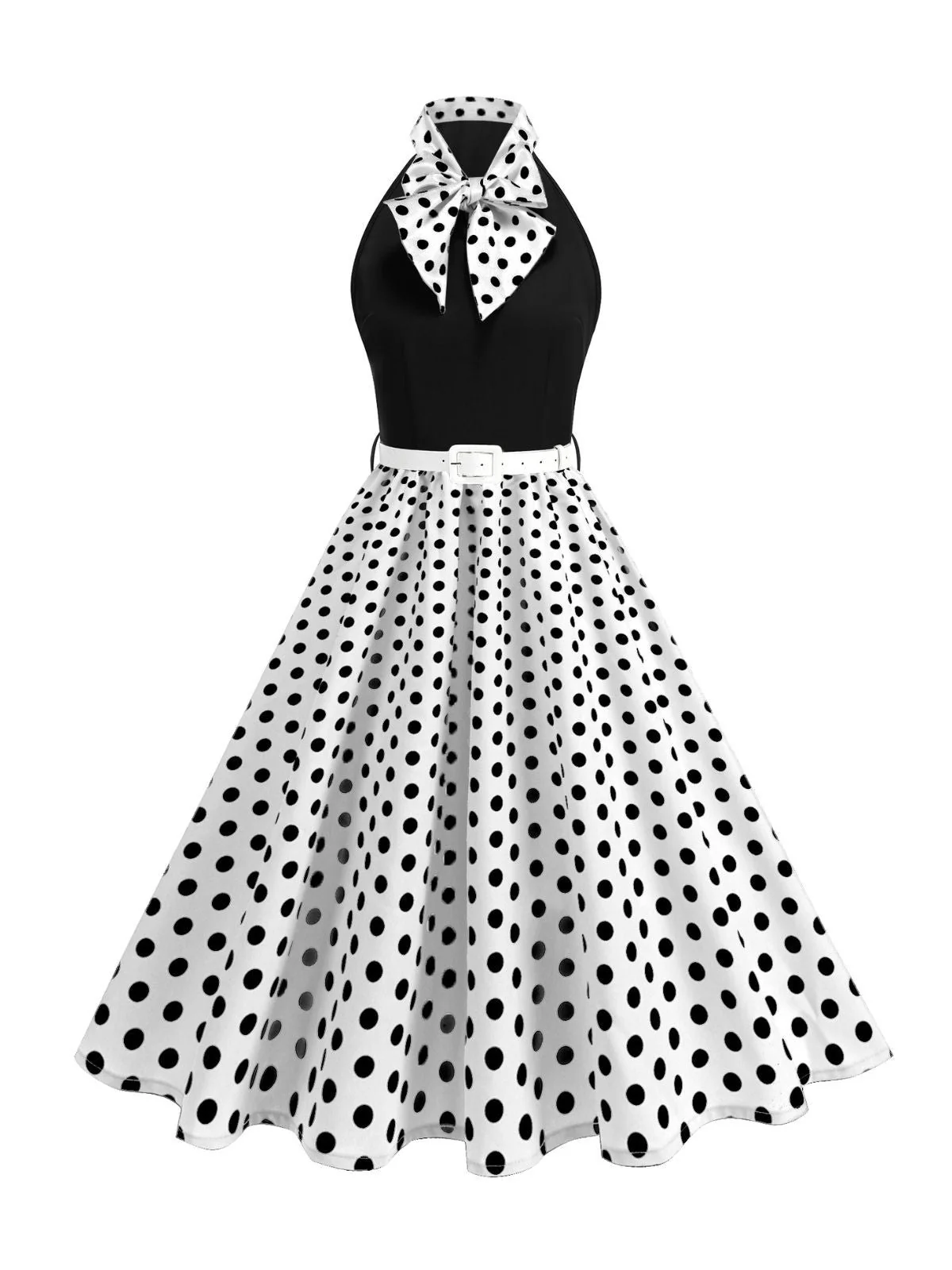1950er Bogen Binde-Hals Polka Punkte Gürtel Kleid - Image 16
