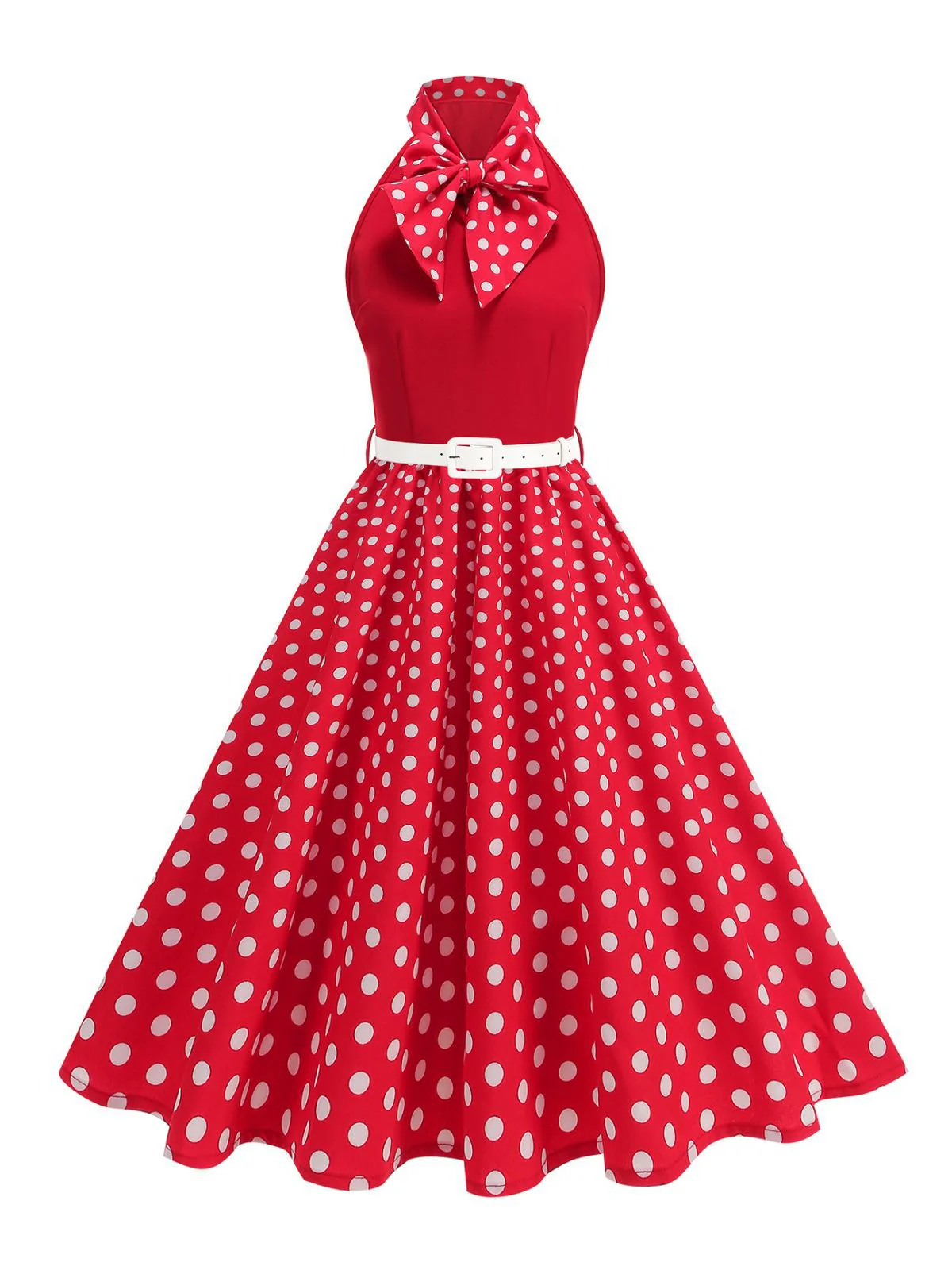 1950er Bogen Binde-Hals Polka Punkte Gürtel Kleid - Image 2