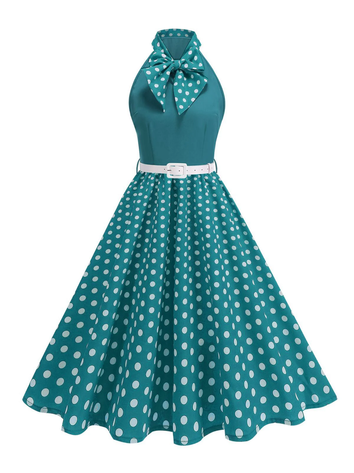1950er Bogen Binde-Hals Polka Punkte Gürtel Kleid - Image 23
