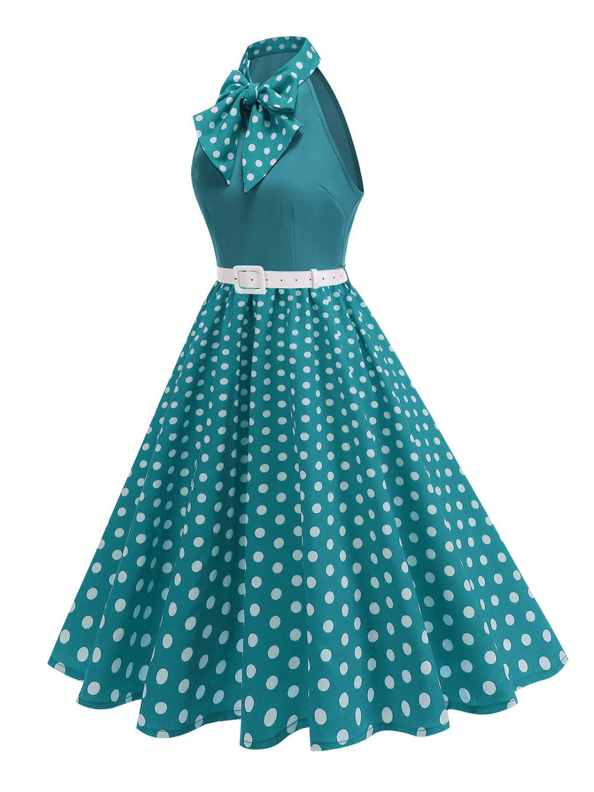 1950er Bogen Binde-Hals Polka Punkte Gürtel Kleid - Image 24