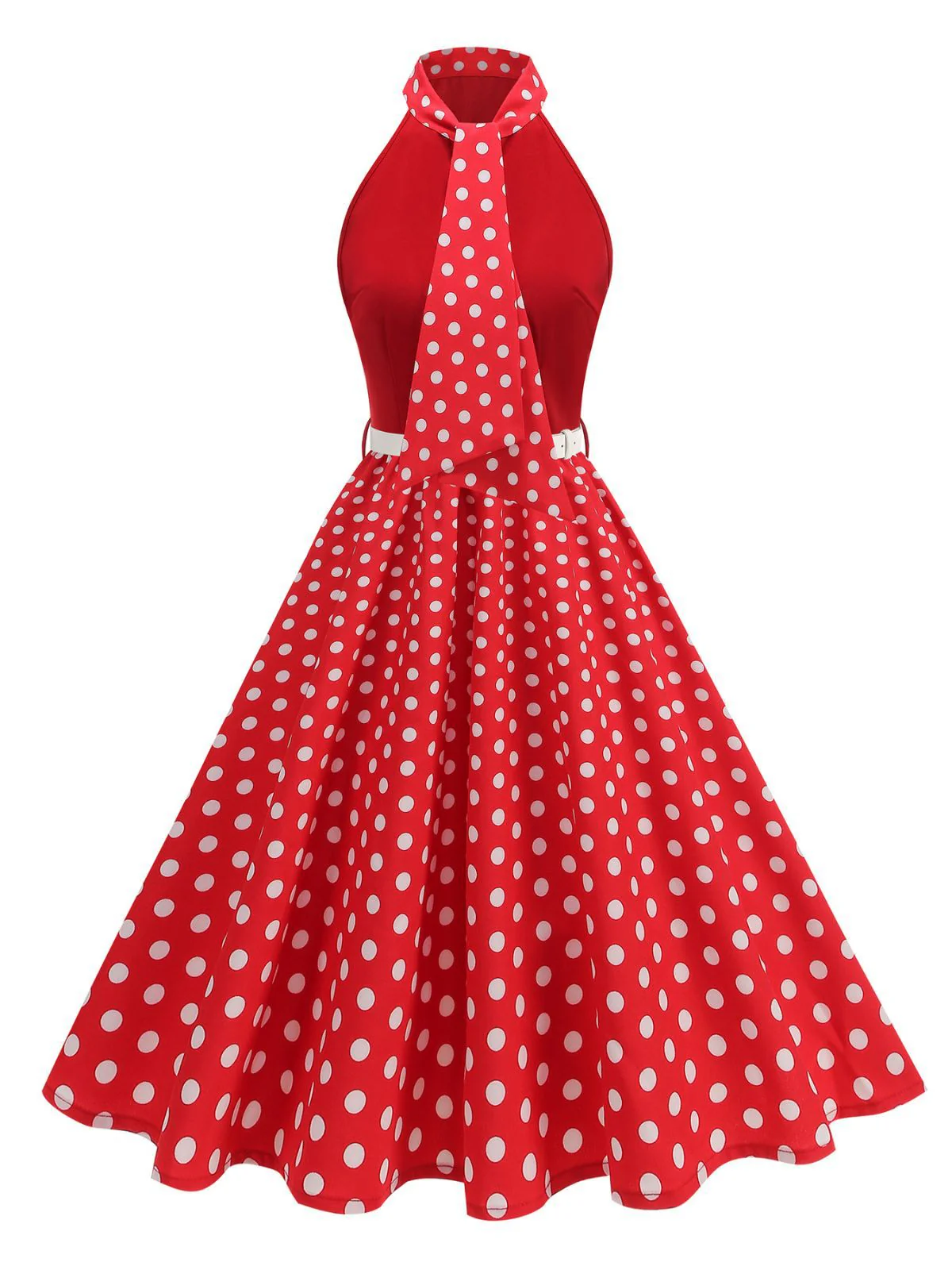 1950er Bogen Binde-Hals Polka Punkte Gürtel Kleid - Image 3