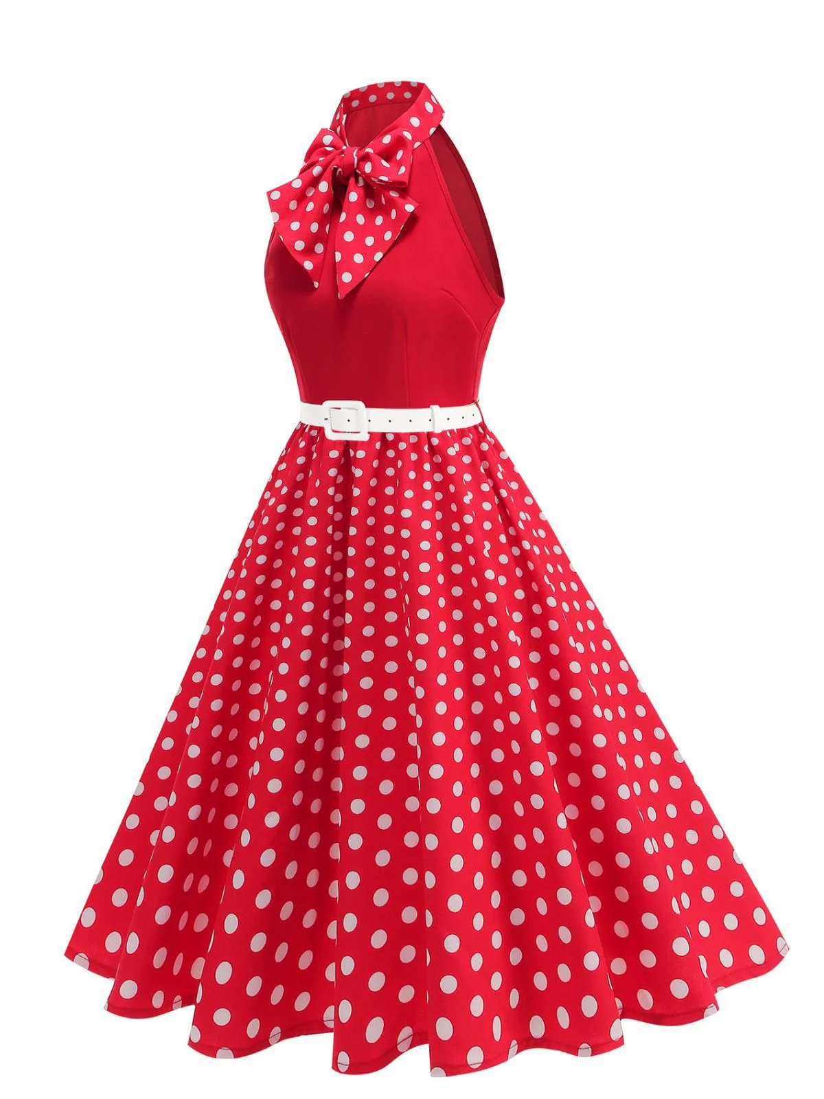 1950er Bogen Binde-Hals Polka Punkte Gürtel Kleid - Image 4