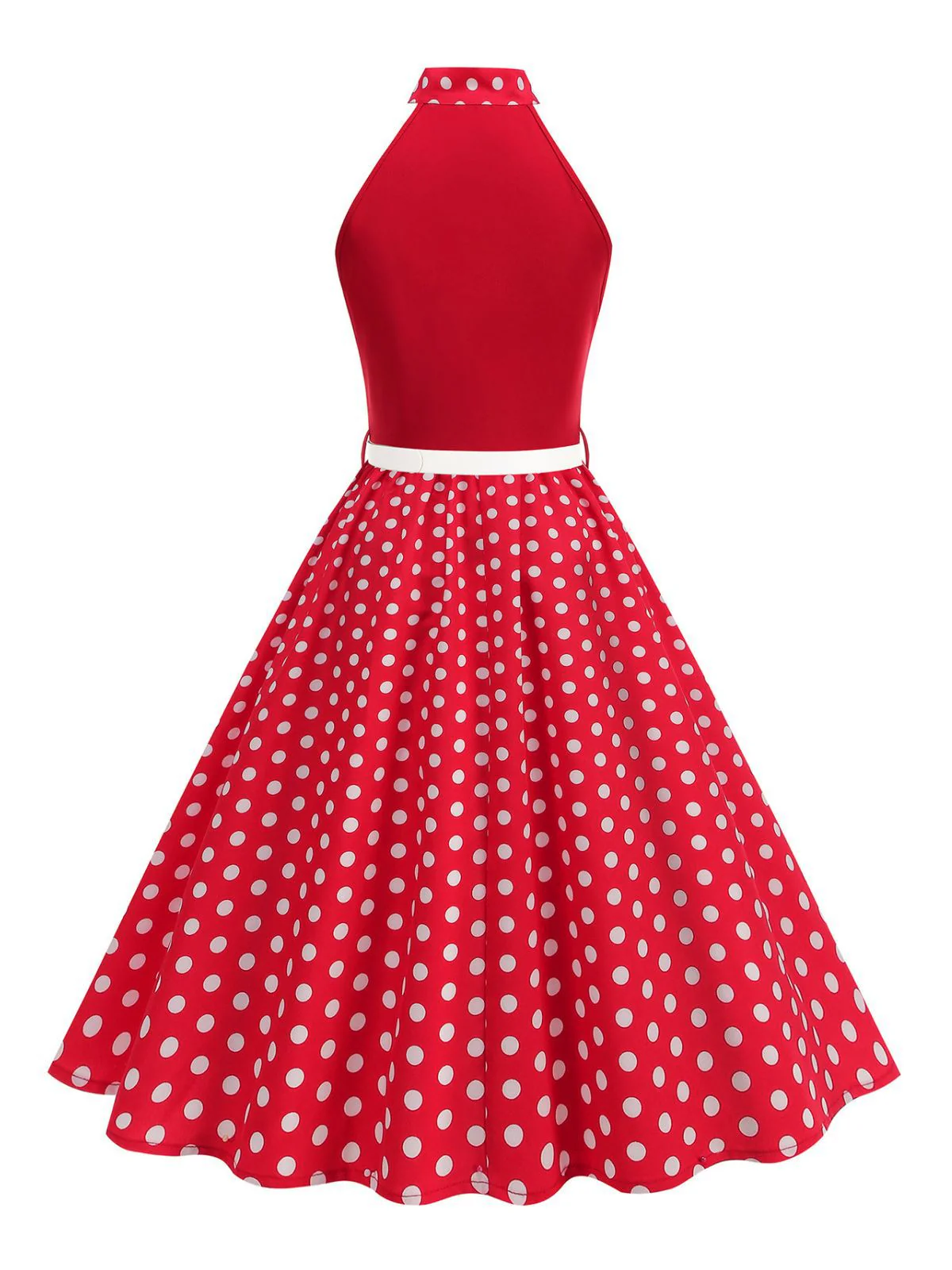 1950er Bogen Binde-Hals Polka Punkte Gürtel Kleid - Image 5
