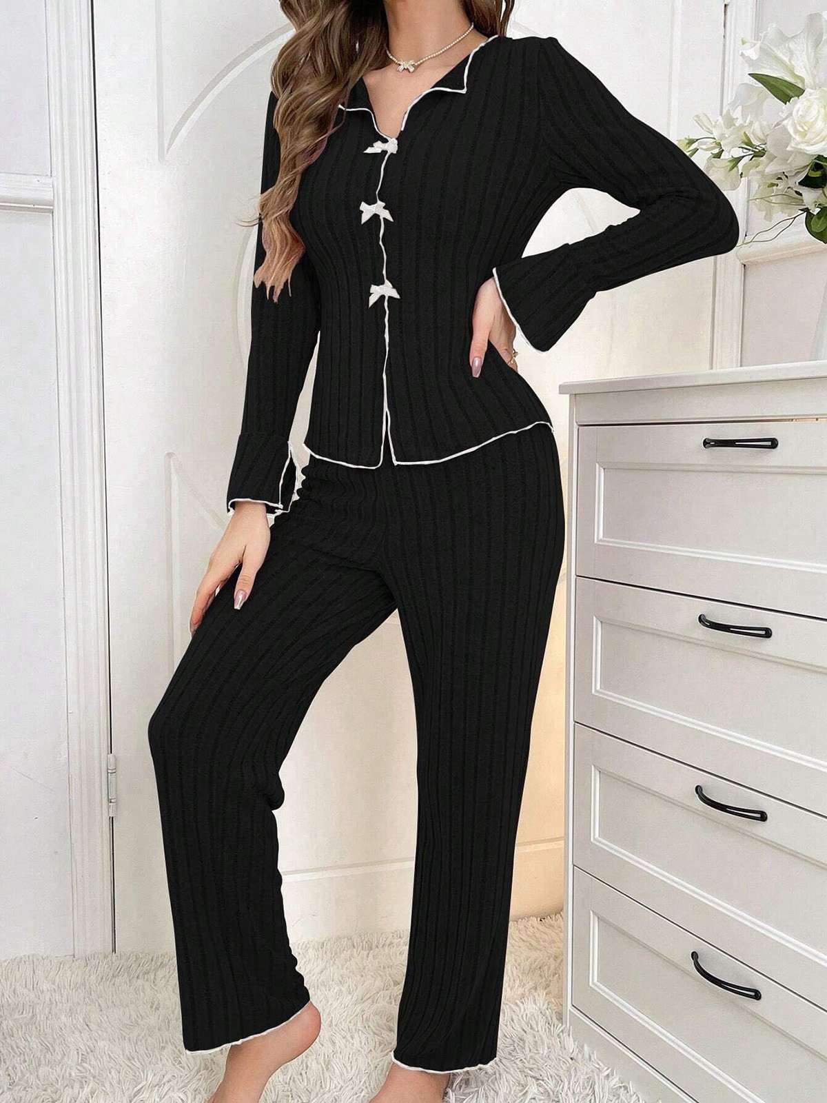 1950er Bogen Stricken Rüschen Lang Pyjama Set - Image 7