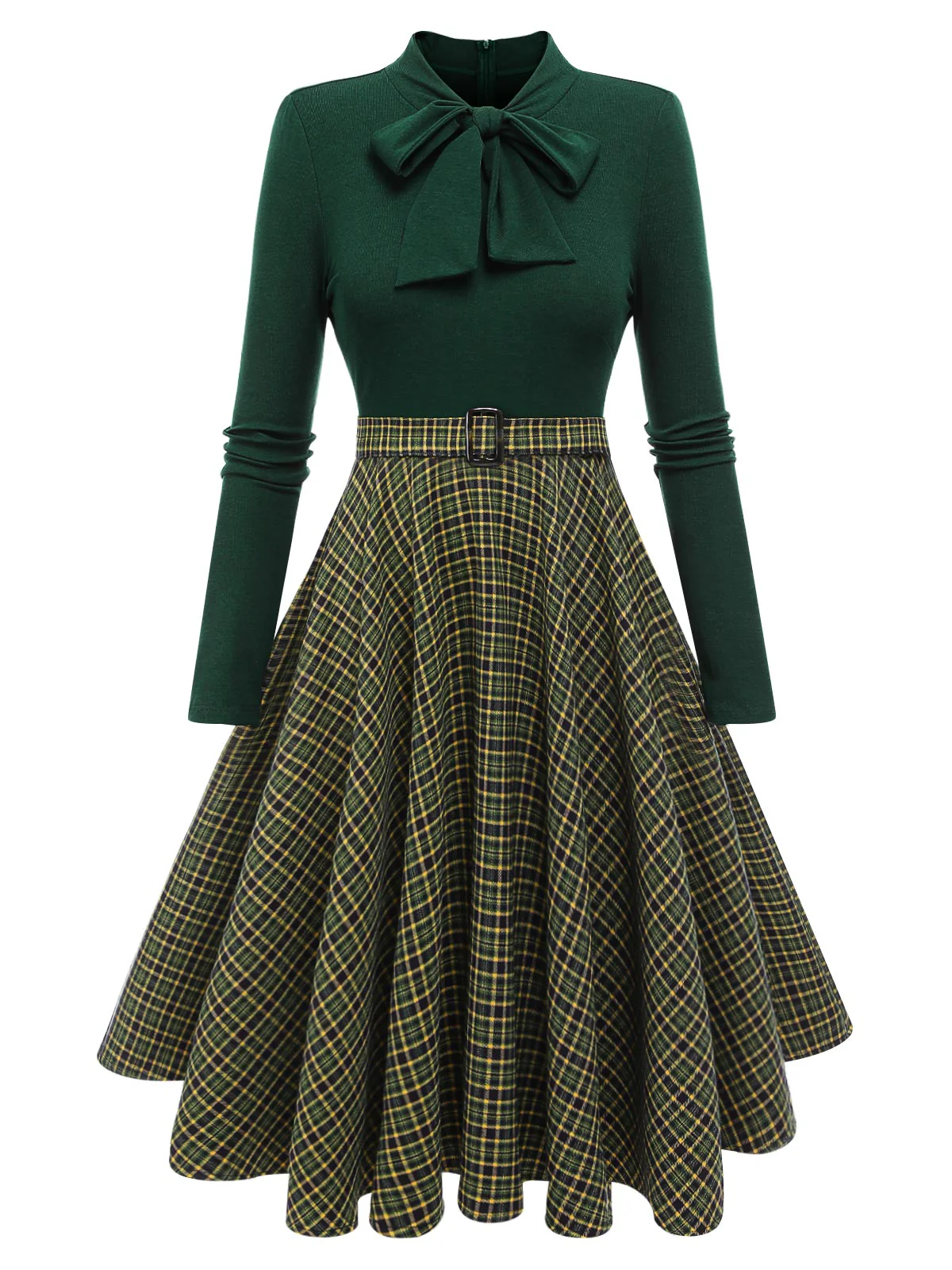 [Vorverkauf] Dunkelgrün 1950er Kariert Strickkleid - Image 4