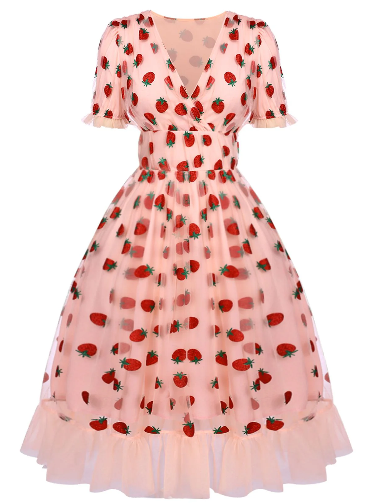 Rosa 1950er Spitze Erdbeere Swing Kleid - Image 5