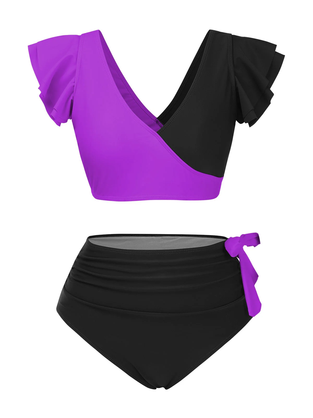1950er Farbblock Rüschen Gerüschtes Bogen Bikini Set - Image 4