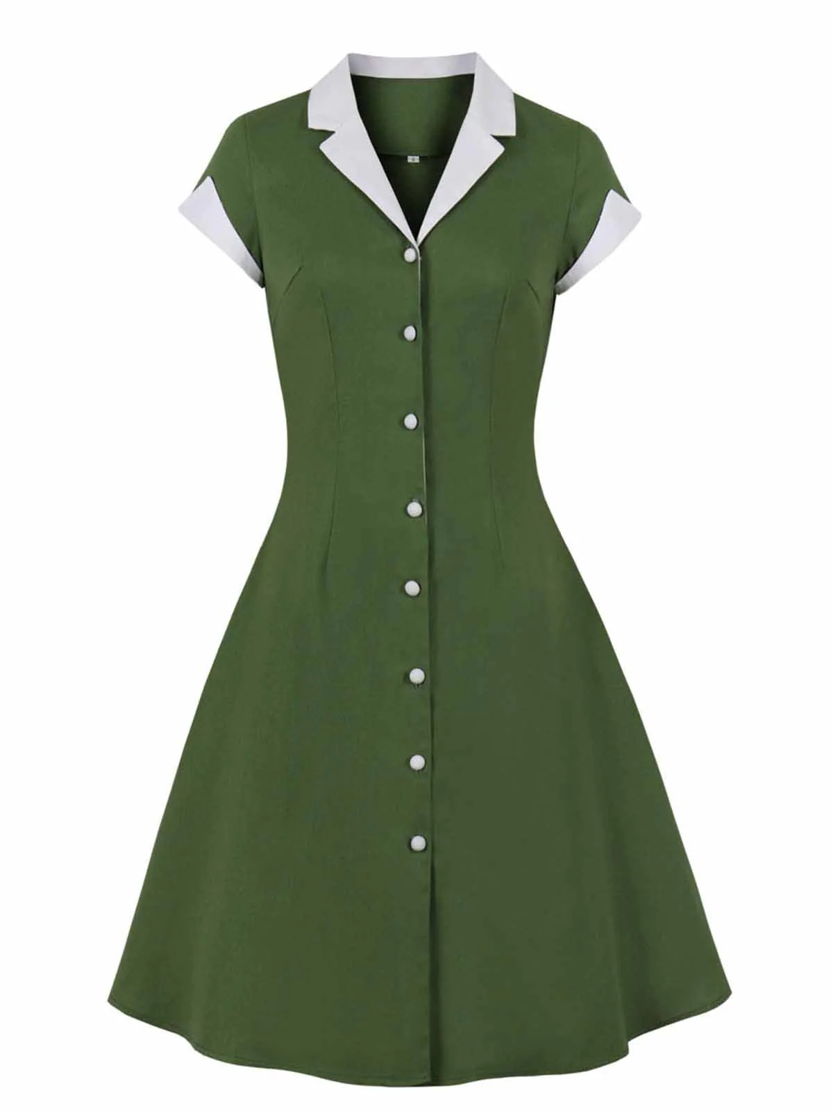 1950er Festes Farbe Patchwork Revers Knopfkleid - Image 3