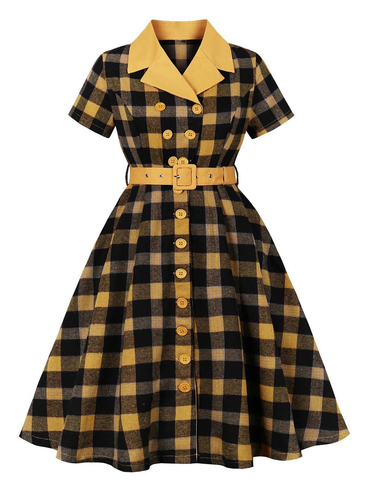 1950er Gingham Plaid Tasten Revers Gürtel Kleid - Image 3