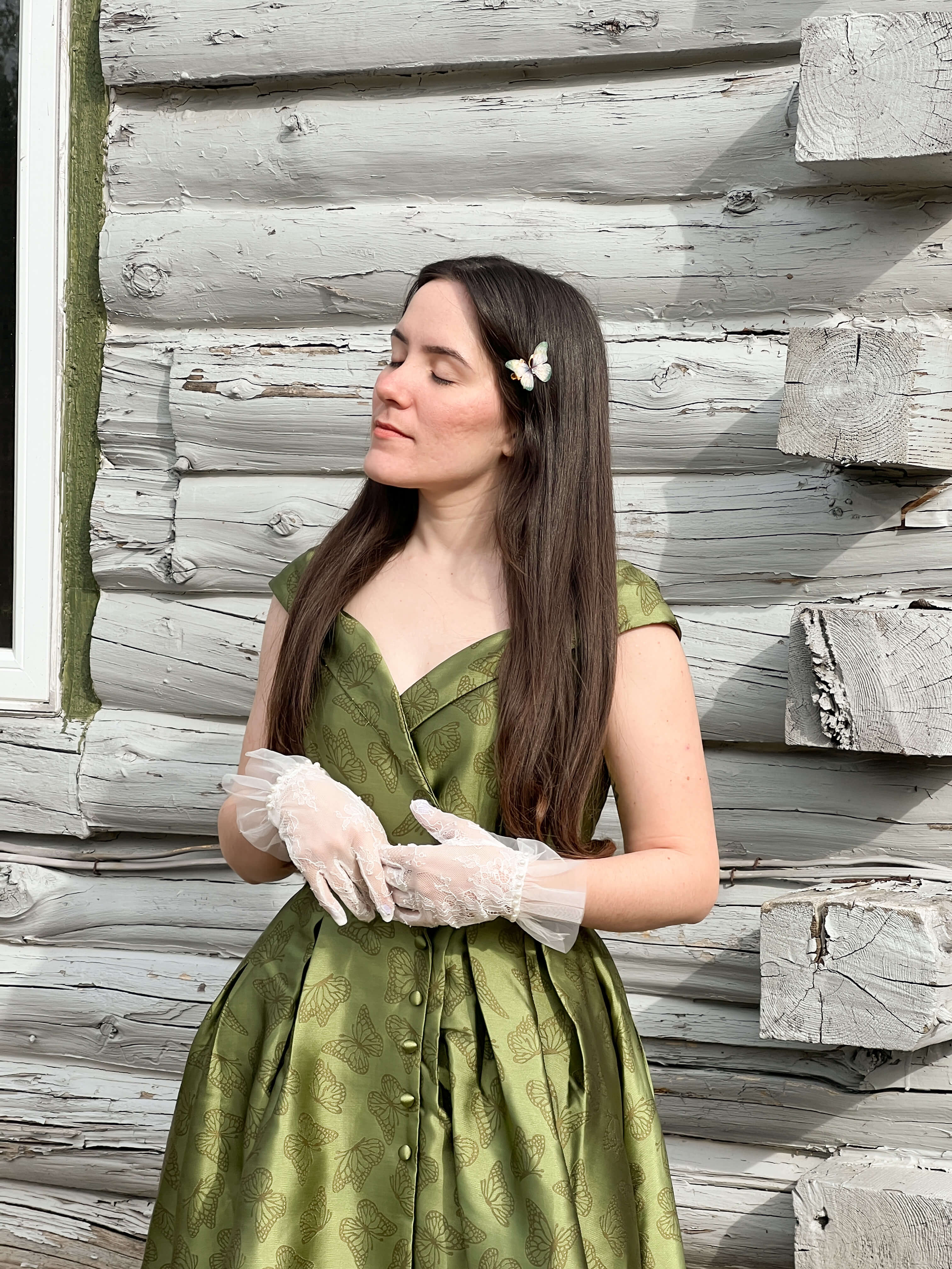 1950ER GRÜNES SCHULTERFREIES VINTAGE Schmetterling KLEID - Image 4