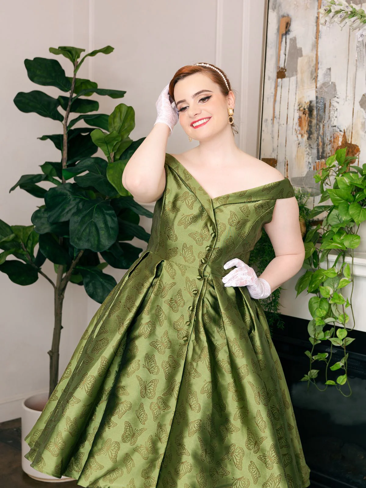 1950ER GRÜNES SCHULTERFREIES VINTAGE KLEID