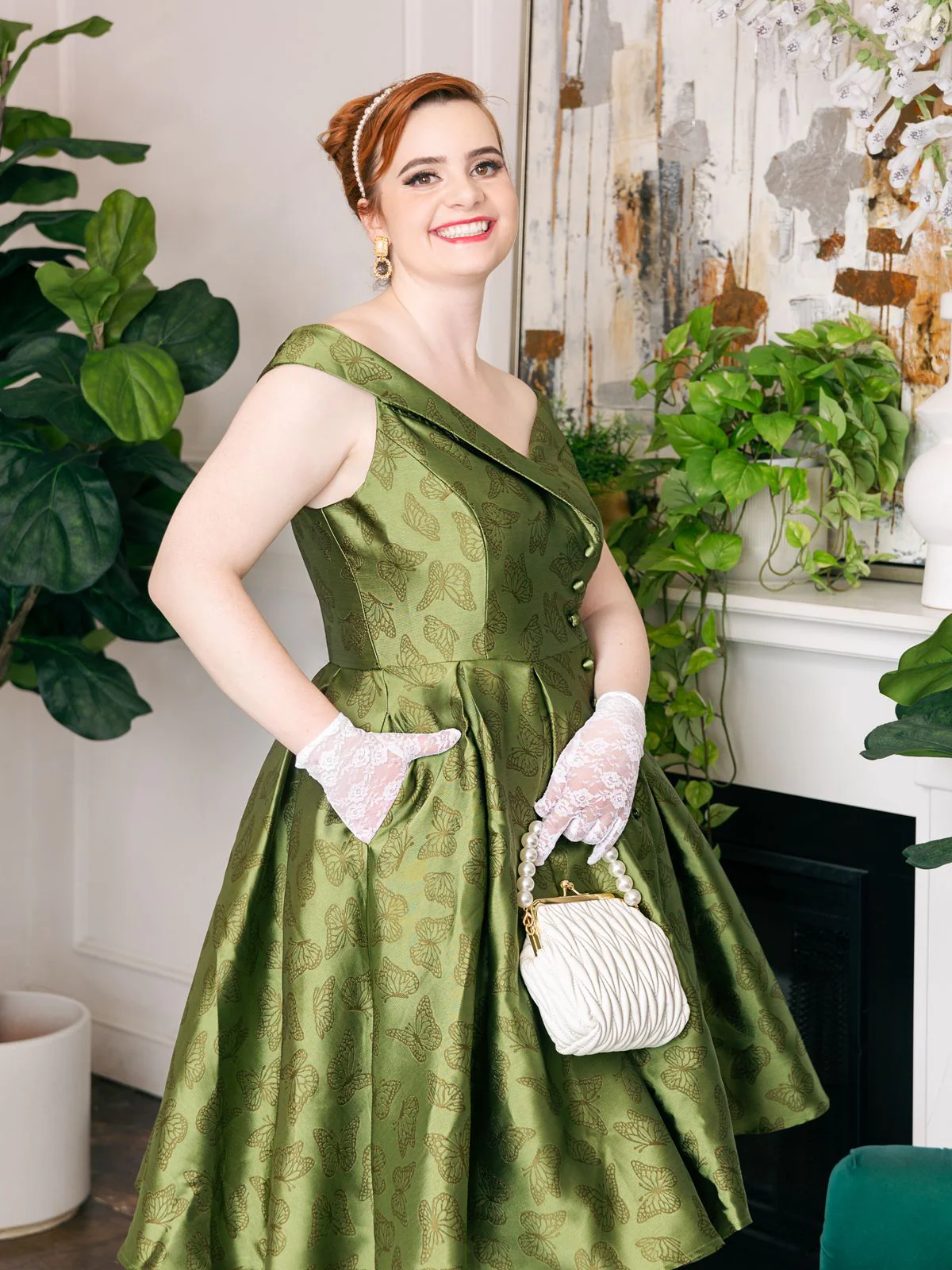 1950ER GRÜNES SCHULTERFREIES VINTAGE KLEID - Image 2