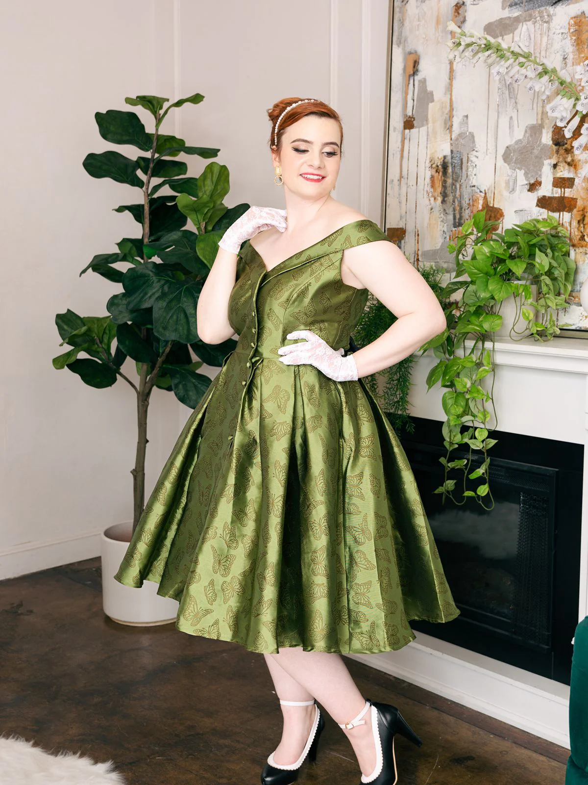 1950ER GRÜNES SCHULTERFREIES VINTAGE KLEID - Image 3