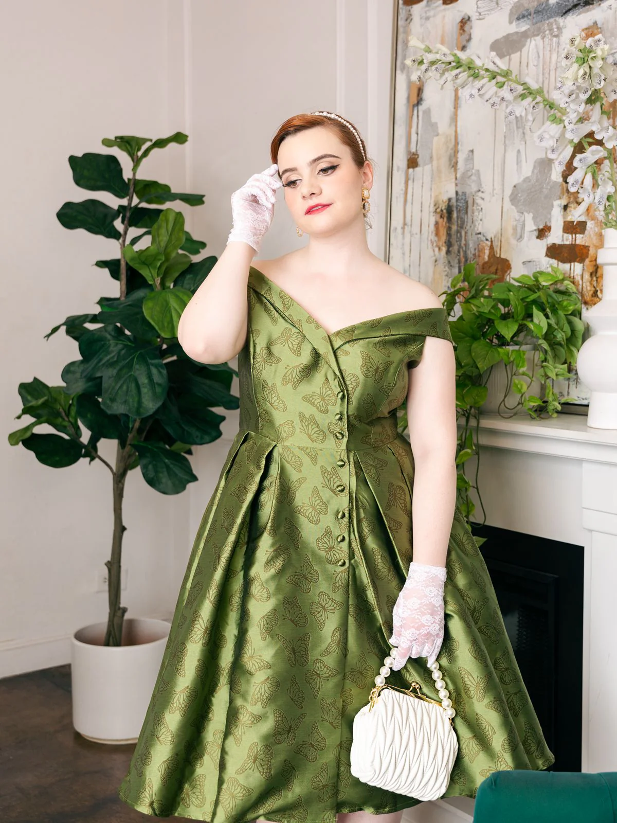 1950ER GRÜNES SCHULTERFREIES VINTAGE KLEID - Image 4
