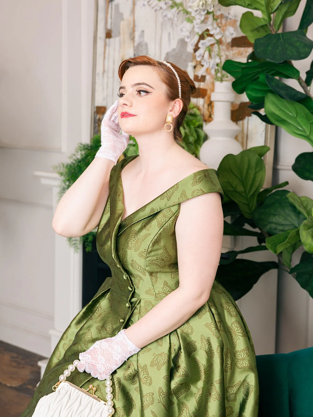 1950ER GRÜNES SCHULTERFREIES VINTAGE KLEID - Image 5