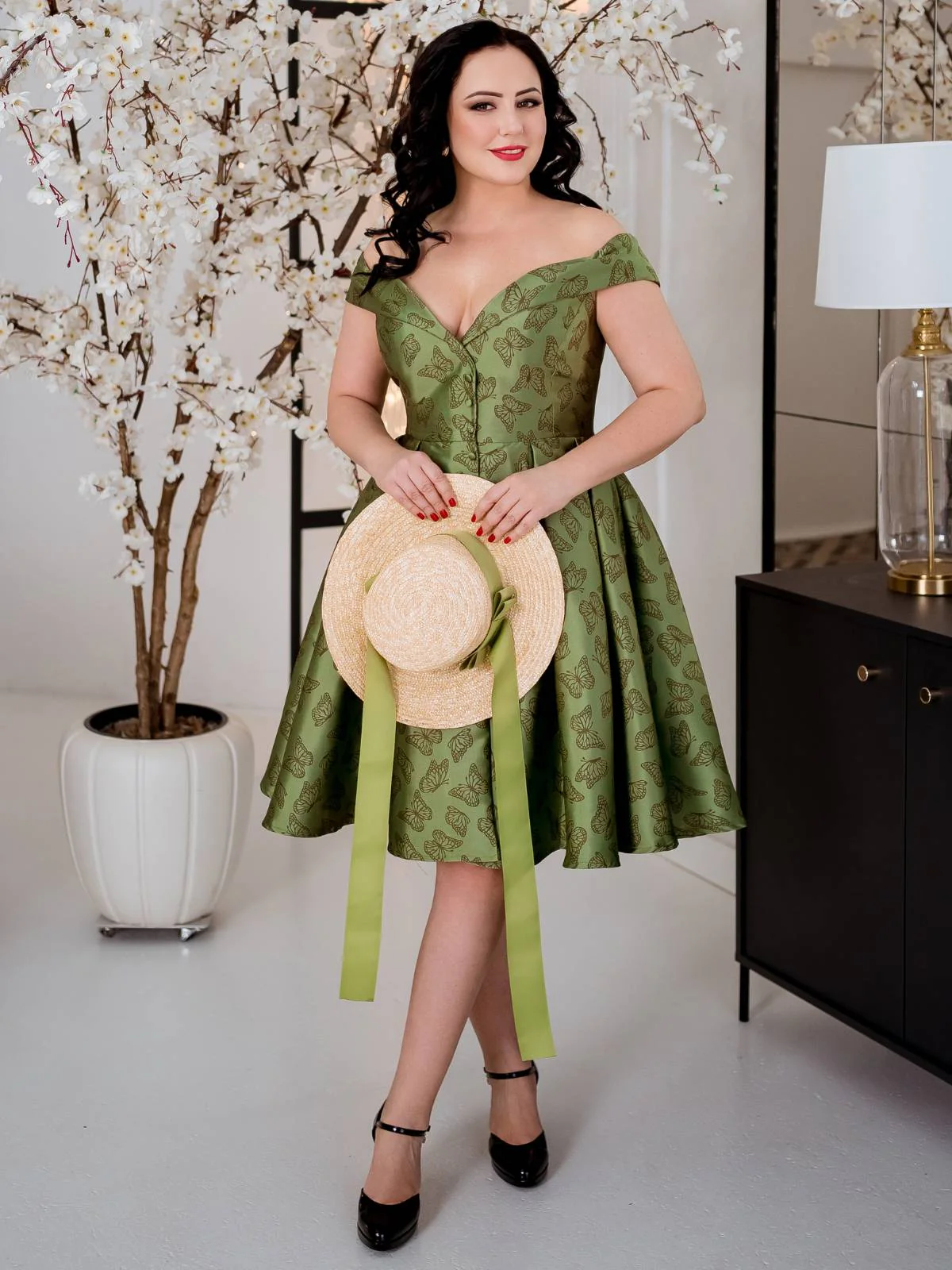 1950ER GRÜNES SCHULTERFREIES VINTAGE Schmetterling KLEID - Image 2